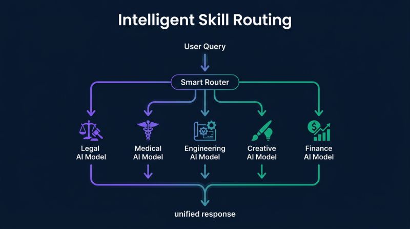 Intelligent Skill Routing: User Query flows to Smart Router, then to specialized AI models (Legal, Medical, Engineering, Creative, Finance), producing a unified response